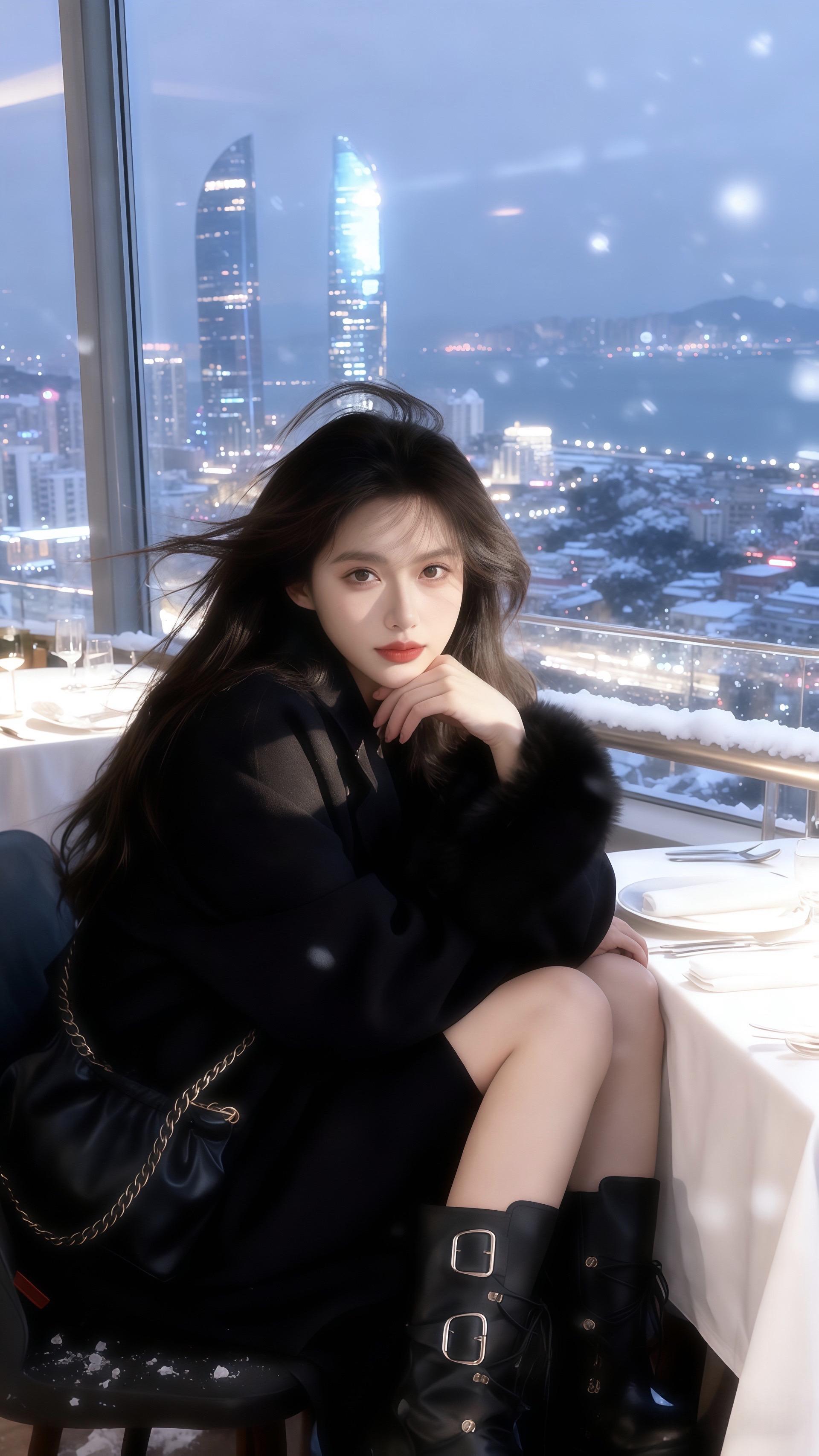 雪夜双子塔,大衣与灯火的温柔相拥。雪粒簌簌落在落地窗外,把厦门双子塔的灯火衬得愈发温柔。她裹着黑色大衣,毛绒袖口蹭过手背,带着暖意。链条包垂在臂弯,黑靴上的金属扣在暖光里泛着细闪,长发被风撩起几缕,垂落在肩头。 桌上的餐具泛着银辉,远处海湾的粼光与城市灯火交织,她望着玻璃外的雪与景,像把整个冬夜的浪漫,都拢进了这方暖室里。 #比冬天先来的是暖系流光 #美美大衣才是冬天主场 #黑色系御姐穿搭 #气质女人 #暖fufu的冬日ootd @DOU+上热门