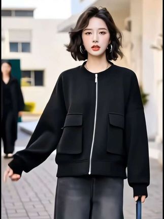休闲百搭立领女短款外套,春秋季时尚宽松显瘦开衫卫衣 #秋冬穿搭新鲜感在线 #早秋穿搭三分钟出门不是梦 #秋季微胖穿搭测评 #初秋一周不重样穿搭 #开衫卫衣