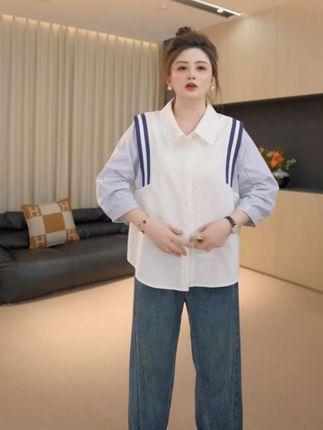 清爽初秋条纹拼接长袖衬衫时尚减龄假两件#高级感穿搭 #上衣穿搭 #休闲百搭 #通勤搭配 #时髦穿搭