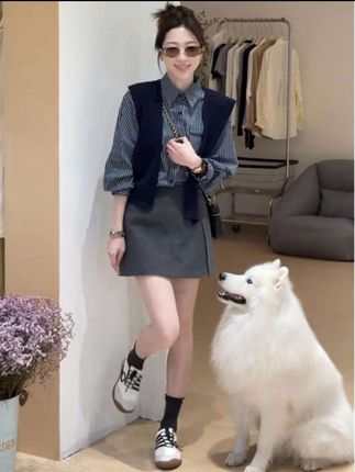 2025早秋新款韩版时尚百搭格子衬衫披肩裤裙三件套女士高级感套装#穿搭不重样 #小众穿搭 #三件套