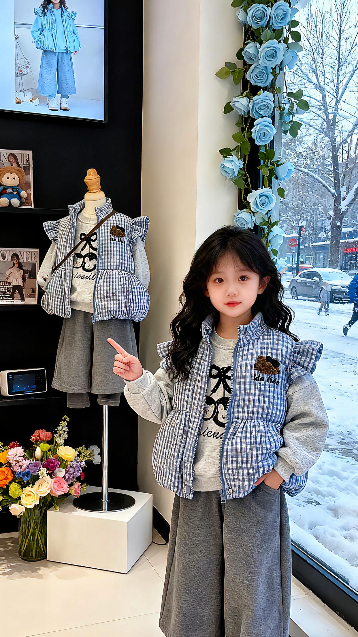 女童套装,今年新款秋冬甜美保暖格子马甲加绒可爱卫衣裤子三件套潮#女童穿搭 #三件套#女童穿搭 #马甲#加绒