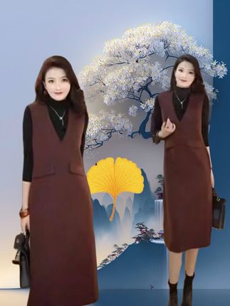 秋季新款时髦洋气中长款显瘦半高领打底衫背心裙两件套套装#休闲穿搭 #裙装穿搭 #潮流穿搭休闲风