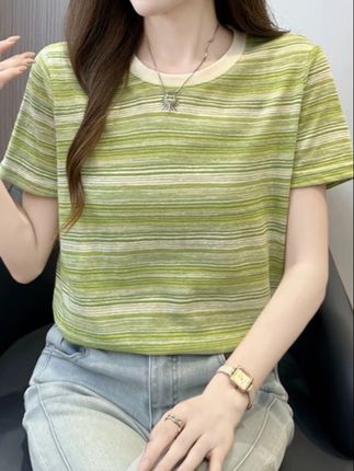 雾丝雪亚短袖新款潮美式条纹圆领上衣#夏季穿搭 #女装 #百搭t恤 #短袖t恤 #条纹控