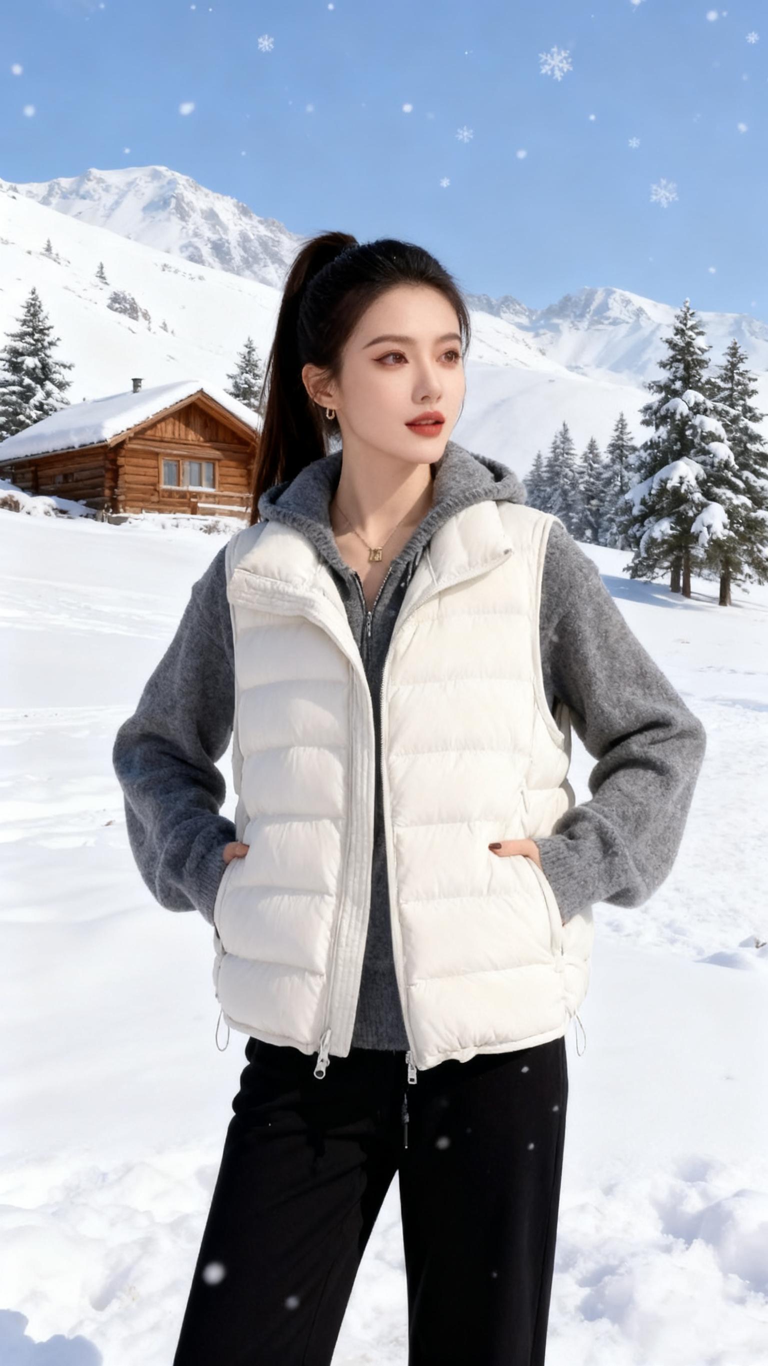 在雪的国度里,她是冬日的精灵。白马甲裹挟着暖意,灰毛衣晕染出温柔,在银装素裹的山间,与木屋、雪松共谱清欢。雪絮轻舞时,她跃动的身影似要与天地相拥,挥手间,尽是对这纯净世界的热忱。每一寸雪光,每一缕寒风,都在她的笑靥与步履里,凝成了冬日最动人的诗行。#来双11解锁秋冬本命穿搭#秋冬基础款打底合集#马甲