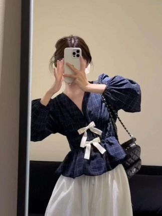 2025秋季法式甜美减龄收腰v领蝴蝶结格纹衬衫上衣花苞#半身裙#套装