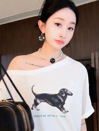 杨圣坤2025夏季新品女士腊肠狗印花斜肩宽松显瘦短袖T恤#品质女装 #显瘦短袖T恤#百搭好看