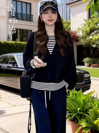 2025秋季新款韩系慵懒风长袖假两件针织上衣女阔腿裤两件套装#秋季穿搭#韩系慵懒风#优雅气质#洋气#谁穿谁美丽
