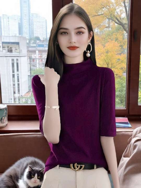 打底衫女春秋薄款宽松中袖T恤上衣洋气2025新款轻熟风紫色针织衫#洋气减龄 #时尚百搭#宽松显瘦#高级感穿搭