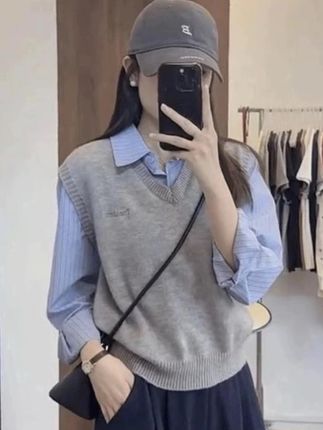 假两件撞色衬衫2025春季休闲百搭叠穿长袖衬衫针织上衣#假两件衬衫#针织上衣#春秋新款 #休闲百搭#长袖衬衫