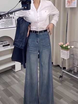 韩版复古蓝牛仔裤女款爆款2025秋季新款高腰阔腿显瘦遮肉宽松裤子#牛仔裤 #高腰阔腿裤 #显瘦遮肉 #百搭裤子 #复古