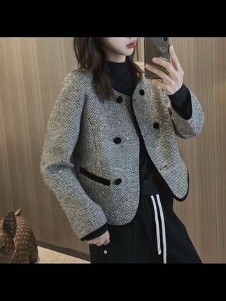 灰色条纹女短小香外套百搭秋冬休闲宽松春秋修身秋季外套韩版#每日分享 #外套穿搭