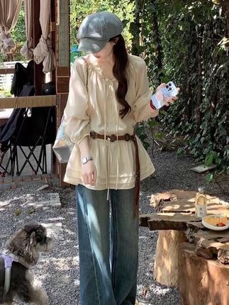 法式温柔木耳边抽绳衬衫夏季女纯欲甜美风长袖防晒衬衣上衣小个子#女装 #我的ootd穿搭 #今日穿搭 #穿搭搭配 #高级感穿搭