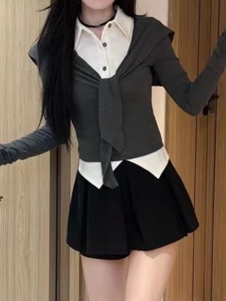 松弛感洋气修身显瘦长袖撞色拼接假两件上衣半身裙两件套套装裙女#优雅气质 #通勤搭配 #高级穿搭