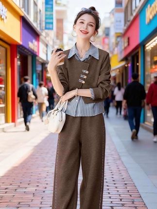 设计感条纹衬衫拼接套装女2025春秋新款休闲时尚宽松阔腿裤两件套#条纹衬衫拼接套装#时尚穿搭#春秋穿搭 #时尚范儿 #女神范