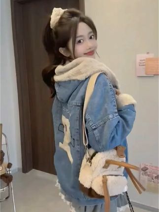 加绒加厚牛仔外套女秋冬时尚百搭宽松韩版洋气牛仔衣女装棉衣棉袄@DOU+小助手