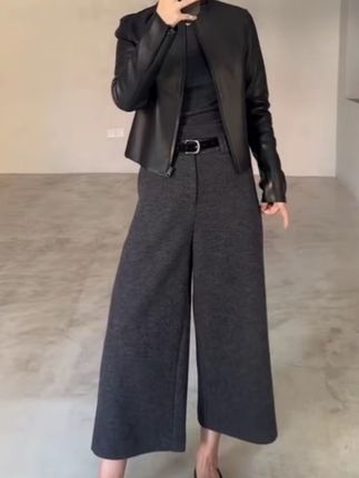 韩系灰色洋气毛呢休闲裤年秋季新款高腰显瘦八分阔腿裤#时尚洋气穿搭显瘦又减龄