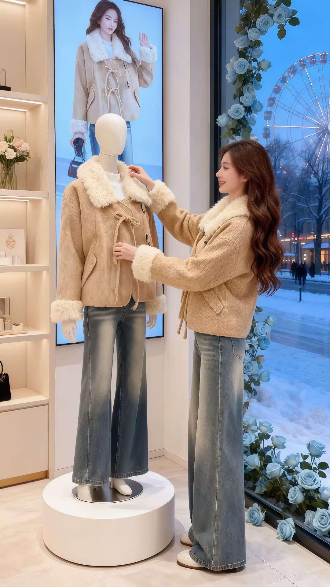 《冬夜橱窗里,那件暖棕外套藏着我的松弛感》 雪落满街的傍晚,我在橱窗撞见这件暖棕牛角扣——羊羔毛领软得像抱过的猫,夹棉里裹着整季的温软。 试穿时绒毛蹭过下颌,配阔腿牛仔刚好落得松弛,连店里的模特都像在替我留位。抱着浅蓝玫瑰合影时,屏幕里的自己和外套融成冬夜最软的光。 后来总穿它窝在沙发画稿,猫蜷在膝头,窗外摩天轮亮成星环——原来秋冬的浪漫,是一件外套就能裹住的温柔日常。。#暖fufu的冬日ootd #秋冬长期主义衣橱如何打造 #比冬天先来的是暖系流光 #来双11解锁秋冬本命穿搭 #普通人的秋冬硬核穿搭 @抖加🔥上热门🔥dou+🔥热点宝