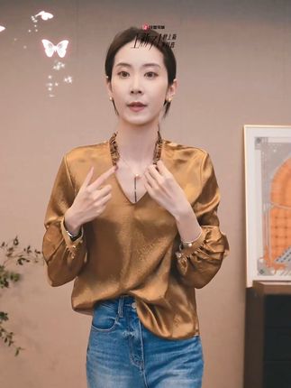 CHENSMCHEN 100醋酸V领长袖衬衫女休闲百搭宽松显瘦衬衣CSC8607YW#优雅气质 #高级感穿搭 #时尚单品