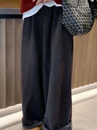 日系复古灰色显瘦休闲裤女秋季新款百搭宽松直筒内衬条纹长裤子#百搭#休闲裤 #直筒裤 #显瘦#条纹裤