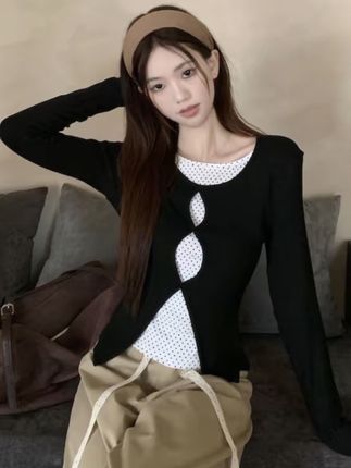 假两件镂空波点长袖t恤女秋季新款修身针织上衣#yunnie穿搭 #时尚搭配服装 #高级感穿搭 #今日穿搭 #jk制服穿搭