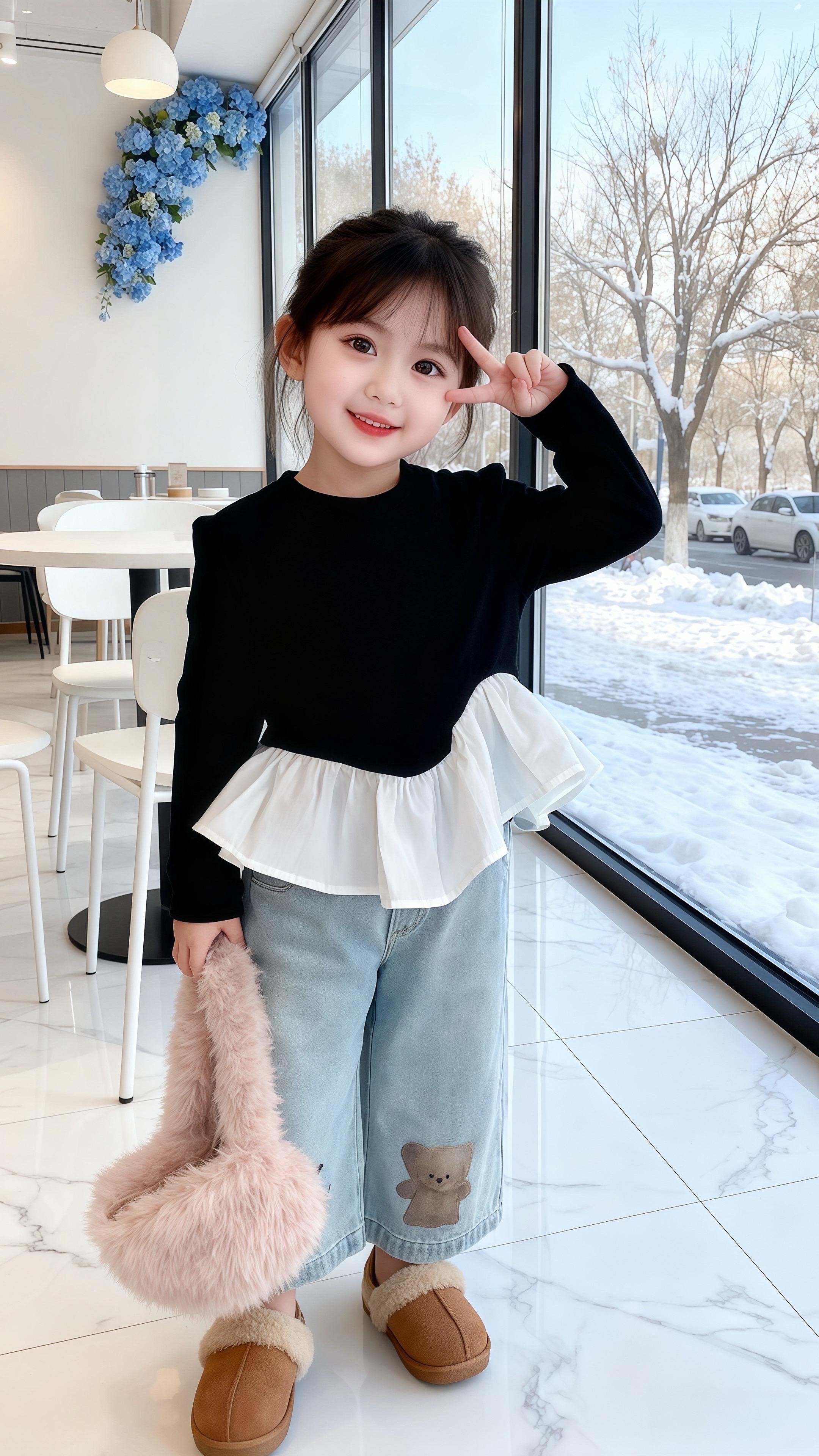 💛谁能拒绝女儿穿这套出街啊!  黑色上衣拼接白色荷叶边,甜甜糯糯的,搭配带笑脸和小熊贴布的浅蓝阔腿牛仔裤,甜而不腻还超有松弛感~秋季开学这么穿,走在校园里简直是小明星,活泼又吸睛,老母亲的穿搭审美被娃狠狠验证了~  #女童秋冬穿搭 #甜美风童装 #秋季开学穿搭 #韩系萌娃 #松弛感穿搭 @抖加🔥上热门🔥dou+🔥热点宝