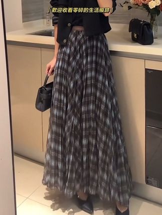 韩系复古格子纱网半身裙女2025秋季高腰显瘦伞裙百搭中长格纹裙