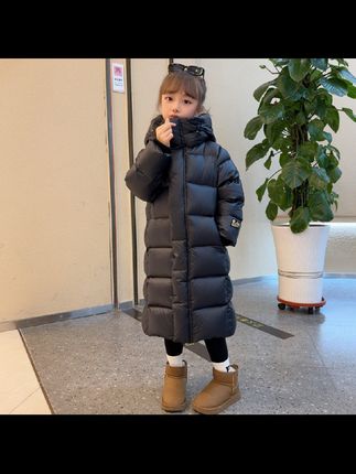 莱伊千禧儿童黑色羽绒服长款白鸭绒加厚保暖面包服:/ 亲子装外套#新款上新#羽绒服外套#中长款羽绒服#亲子装外套#面包服