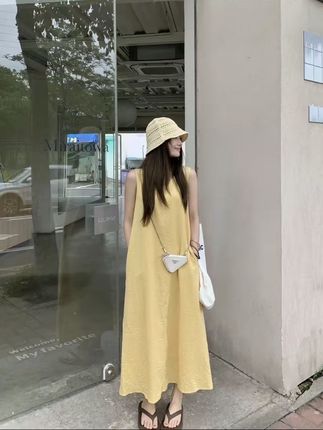 气质老钱风百搭透气无袖背心连衣裙女显瘦A字长裙X941