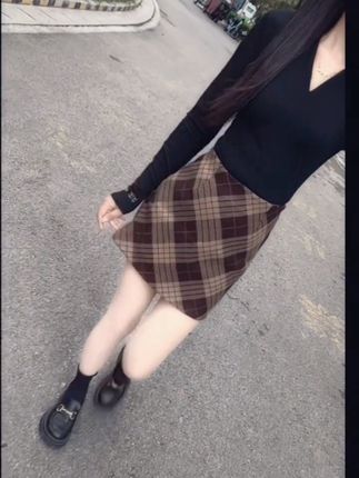 #毛尼格子半身裙短款 美拉德复古撞色加厚斜纹格子毛呢裙高腰显瘦A字 包臀裙半身短裙