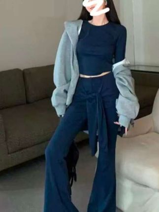 复古气质修身显瘦设计感上衣套装女韩系假两件绑带裤子两件套#女装分享#好物分享#每日分享