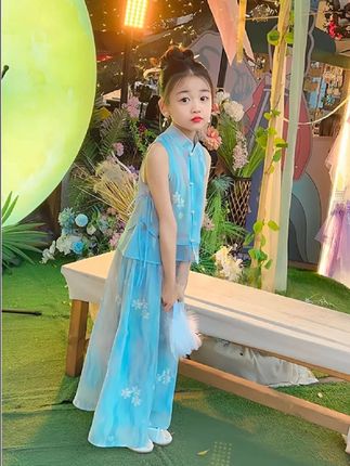 女童中国风套装夏装儿童新中式绣花无袖上衣阔腿裤汉服两件套装#女童夏季中国风套装#汉服两件套