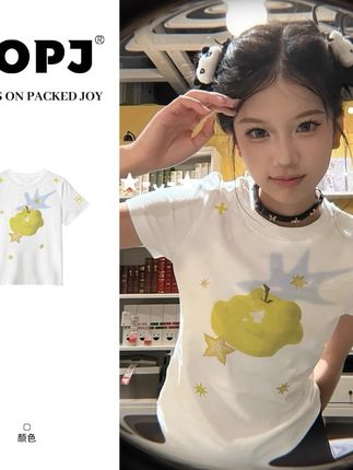 FOPJ夏季多巴胺可爱卡通青苹果印花短袖t恤女修身显瘦甜辣妹上衣#夏季新款#印花短袖T恤#气质休闲#时尚百搭#多巴胺穿搭