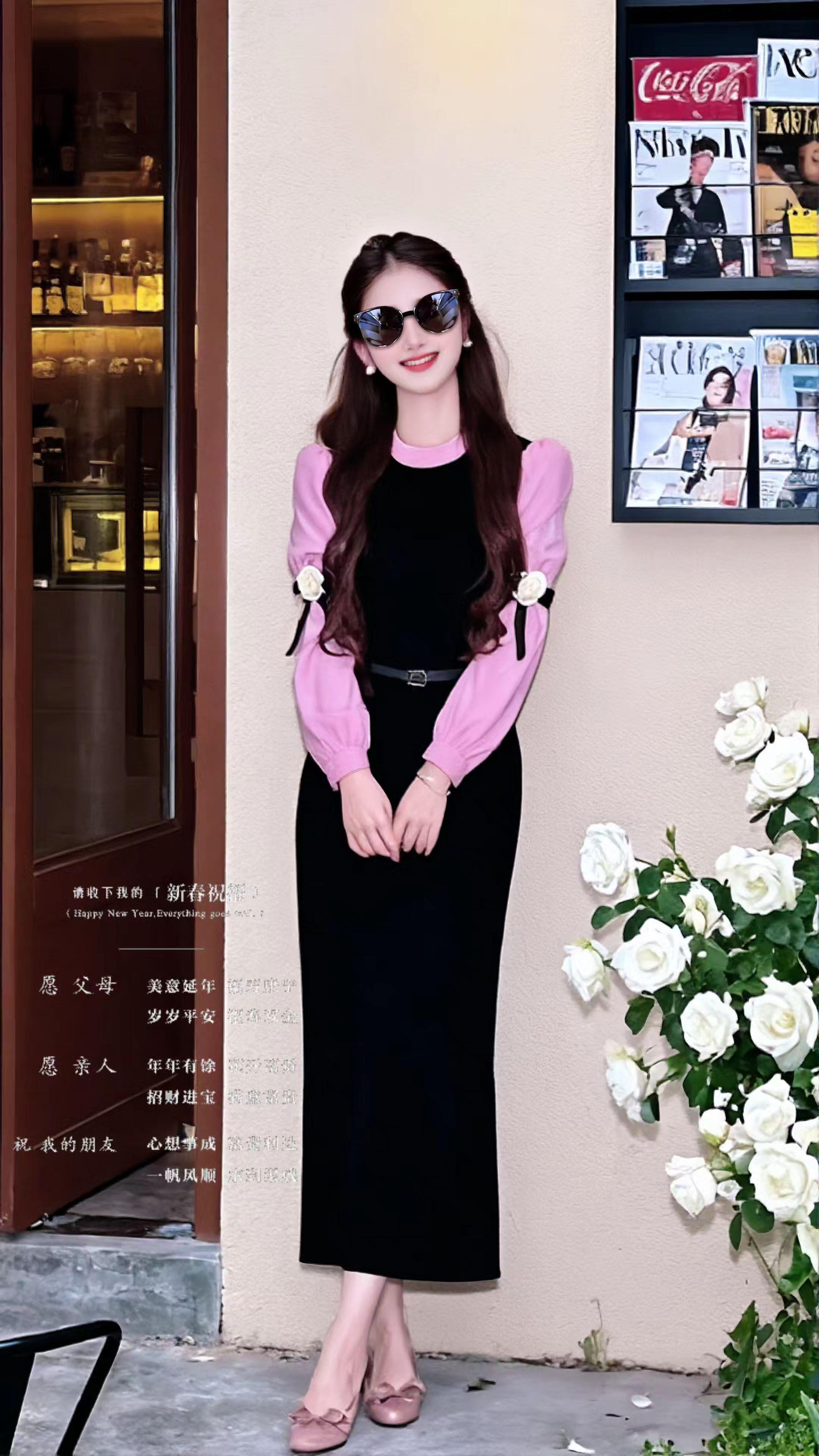 #设计感连衣裙#早秋新款韩系穿搭#修身显瘦长袖花朵拼色长款裙子
