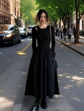 长袖拼接连衣裙女秋季新款原创设计感学院风气质修身显瘦长裙