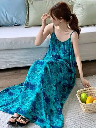 超仙自带胸垫睡裙女加长款脚踝吊带裙长裙175高个子可穿棉绸裙子#睡衣家居服 #睡裙 #夏季新款 #新款上新 @巨量千川