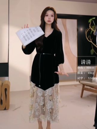 #法式 #高级感穿搭 #拼纱连衣裙  法式长袖连衣裙女2025新款高级感气质拼接网纱长裙子