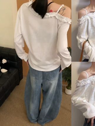 #长袖t恤 秋季甜美欧吊带斜肩木耳边一字领长袖纯色宽松T恤上衣!#女装 #上衣 #斜肩上衣 #宽松版型 @DOU+上热门 @巨量千川 @小店随心推