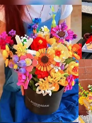 拼装积木花束抱抱桶永生花情人节礼物客厅装饰一整套摆件送男女#爆款热卖中#厂家直发