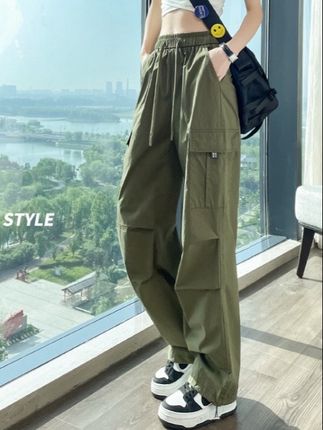 夏季新款高腰工装裤女速干显瘦宽松抽绳直筒美式高街阔腿运动裤#夏季穿搭 #显高显瘦 #休闲裤 #显高显瘦显腿长 #百搭裤子