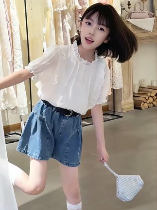 #上热门 女童夏装套装25新款韩系洋气娃娃衫短袖上衣女孩牛仔裙裤子#夏季穿搭 #高品质童装 #生女儿就是用来打扮的