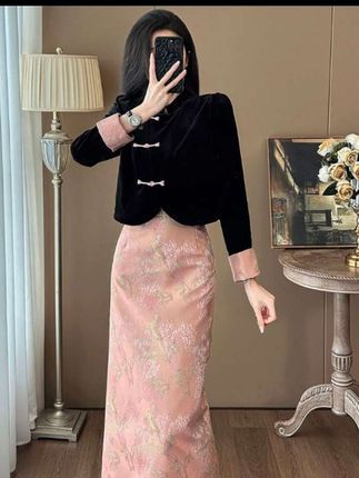 复古风盘扣上衣开叉半身裙两件套#潮人穿搭 #与众不同 #时尚洋气
