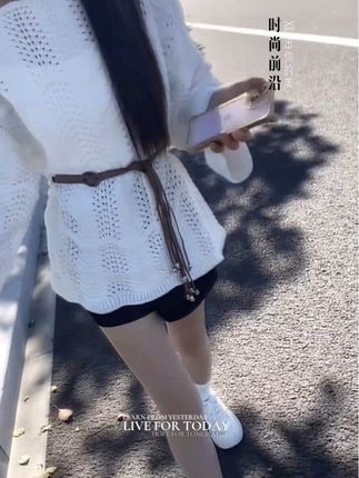 韩系洋气减龄腰带收腰显瘦毛衣早春新款胖MM时尚镂空长袖针织上衣#高级感穿搭 #韩系穿搭 #新衣服可以治愈各种不开心 #今天穿什么 #女神范