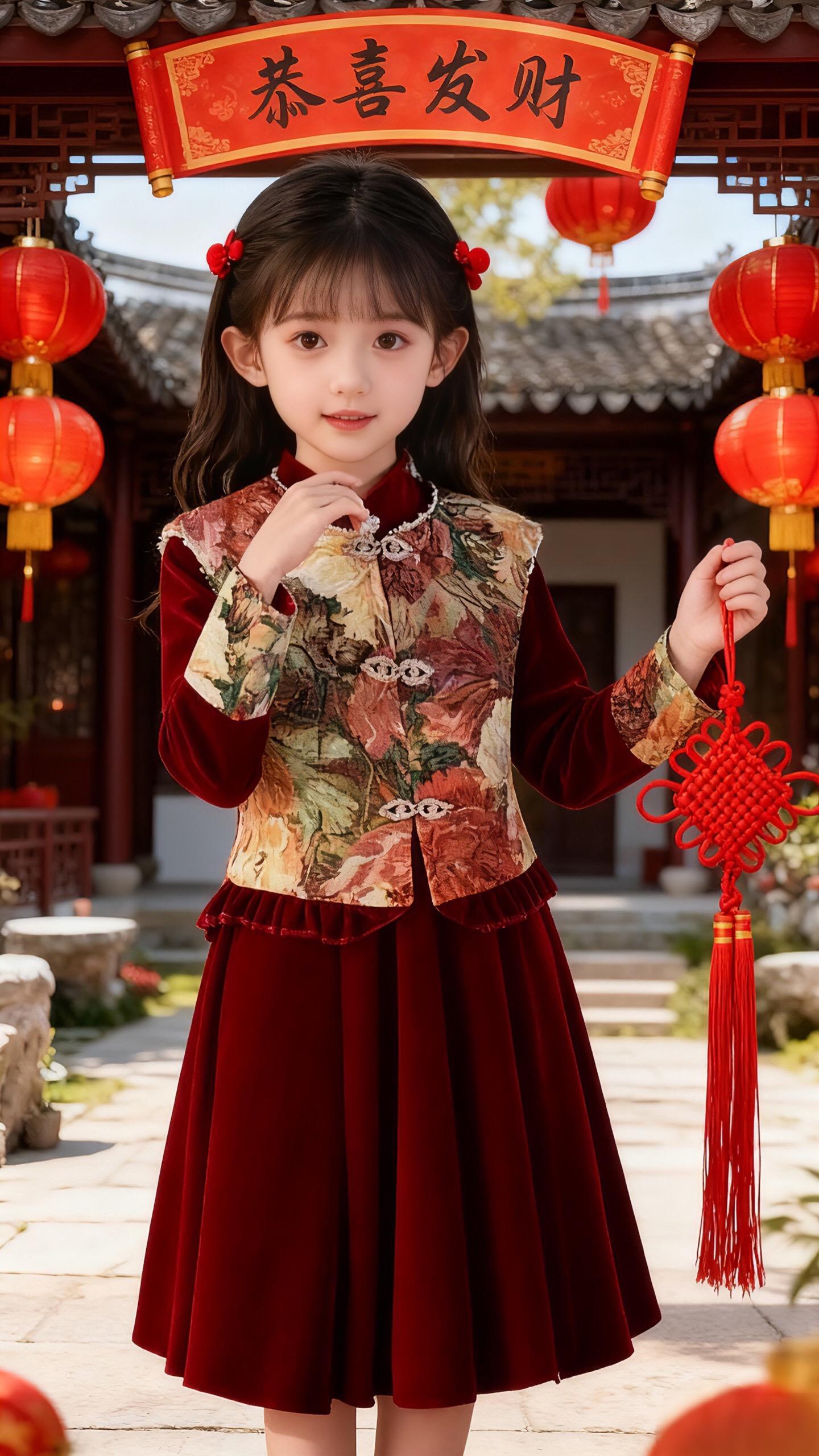 🔥中式新年战袍,把“年味儿”穿在身上!谁能拒绝这么可爱的国风小礼服?酒红丝绒裙装搭配繁花马甲,盘扣设计尽显古典韵味,珍珠领边精致又吸睛~  黑棕长发别上红发卡,在中式庭院里一站,灯笼、腊梅作衬,简直是从年画里走出来的小福娃✨  过年穿它走亲访友,被夸“有气质”“好喜庆”到停不下来!宝贝穿上秒变国风小美人,新年氛围感直接拉满~  #儿童新年装 #国风童装 #过年穿搭 #女童礼服 #萌娃穿搭