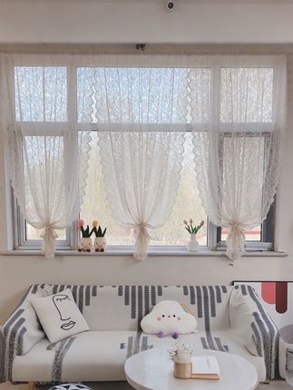 免打孔飘窗内开窗专用魔术贴钉珠蕾丝窗帘梦幻褶皱纱帘遮挡门帘#蕾丝纱窗 #飘窗帘 #强烈推荐