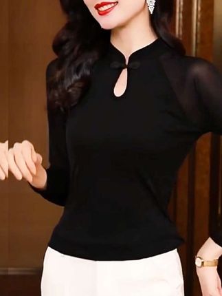 黑色蕾丝打底衫女2025秋装新款复古盘扣网纱小衫气质百搭长袖上衣#春秋穿搭 #优雅气质 #高端大气
