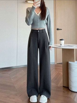秋冬季小个子灰色加厚加绒毛呢阔腿裤 休闲高腰窄版直筒阔腿裤休闲裤#来双11解锁秋冬本命穿搭#秋冬穿搭新鲜感在线 #我的双11必买清单 #早秋黑白灰穿搭测评#秋冬都市硬核穿搭