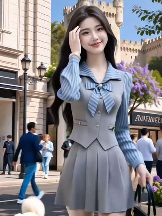 #秋冬穿搭新鲜感在线 休闲通勤风灰色条纹拼接长袖修身上衣+灰色百搭高腰半身裙两件套#洋气减龄#气质穿搭 #时尚减龄穿搭#显瘦穿搭