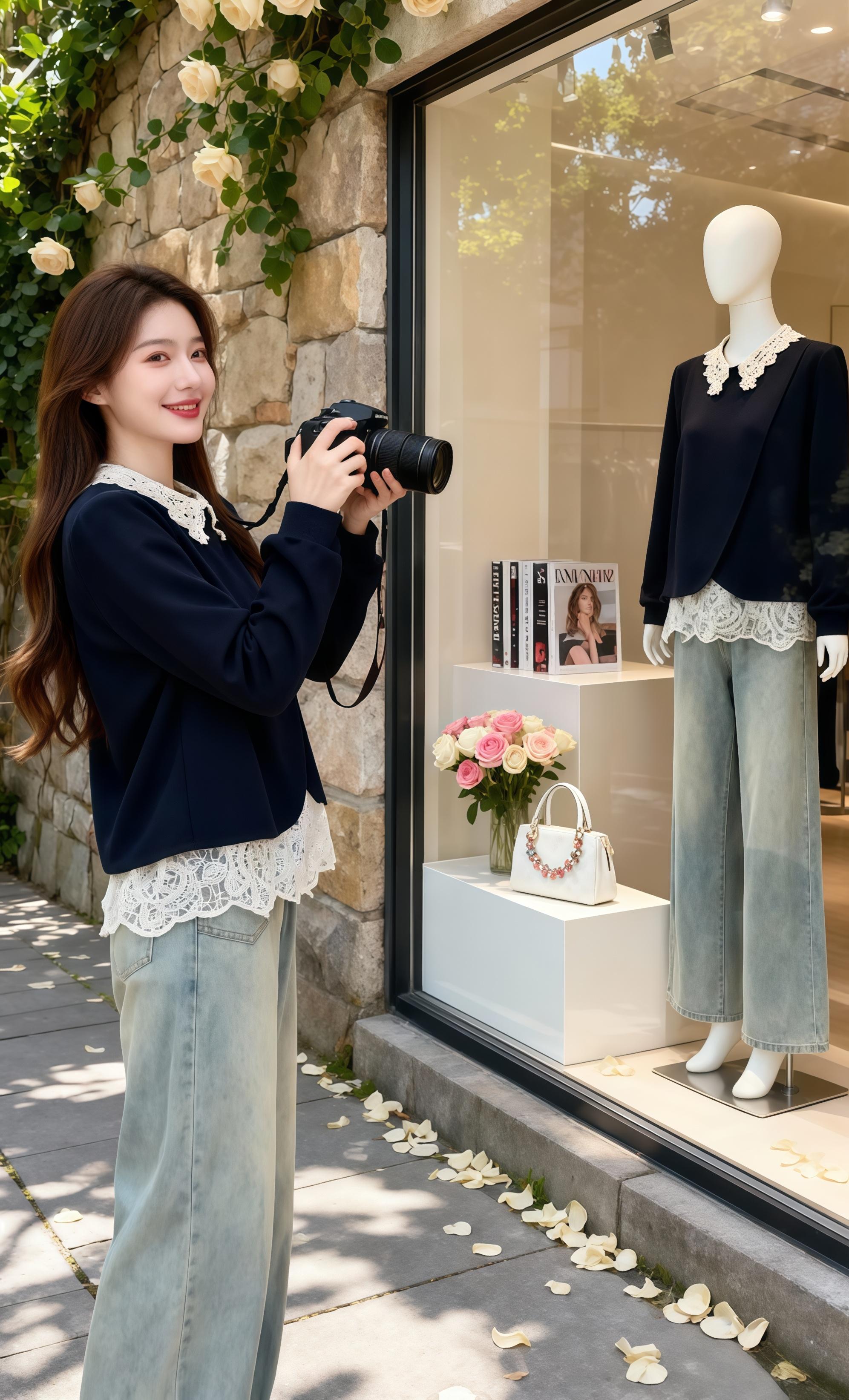 《蔷薇巷的快门》   蔷薇爬满巷口的栅栏时,她总带着相机来。   今天的风裹着玫瑰香,吹得她发梢轻晃。藏青色上衣的蕾丝领沾了点阳光,和裙摆的蕾丝边一起,软得像这午后的光。她举着相机对准巷尾——那里的蔷薇正垂在石径上,花瓣落了一路,像铺了层碎红的纱。   “咔嚓”一声,镜头里收进半墙的艳,也收进她弯起的眼。其实她没说,这相机里存的,从来不止风景。比如此刻风掀起她衣摆时,蕾丝边晃出的软,比如指尖碰过镜头时,指节上沾的蔷薇香——这些藏在快门声里的细碎温柔,才是她来这巷口的秘密。   她把相机贴在胸口笑,风又吹落几朵蔷薇,落在她脚边的石缝里。原来好天气不用找,只要站在这蔷薇巷,连呼吸都是甜的。#穿搭 #大码女装 #高级感穿搭 #许妍的衣橱每套都过分美丽 #早秋各式各样的平价上衣分享