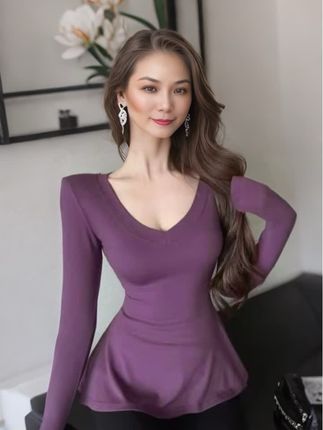 秋冬新款辣妹时尚小众设计V领长袖T恤修身时尚显瘦百搭上衣#内穿外搭都好看