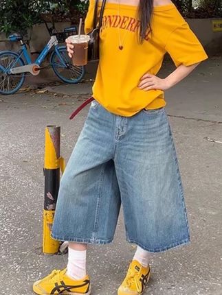 蓝色宽松设计感阔腿七分牛仔裤女夏季2025新款美式复古直筒中裤潮#夏季穿搭 #显高显瘦 #牛仔裤 #裤子穿搭 #个性穿搭